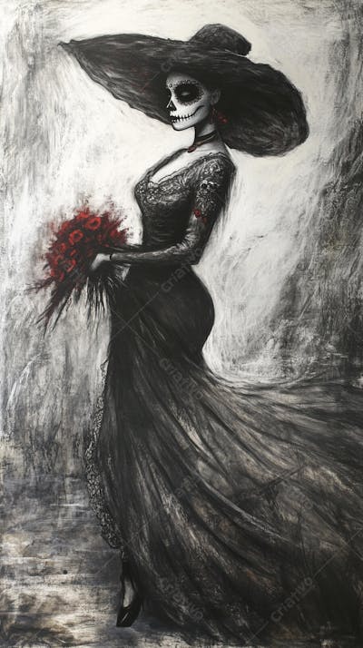 Retrato Artístico em Preto e Branco de Mulher com Maquiagem La Catrina e Chapéu Decorado com Rosas no Estilo Dia de Los Muertos