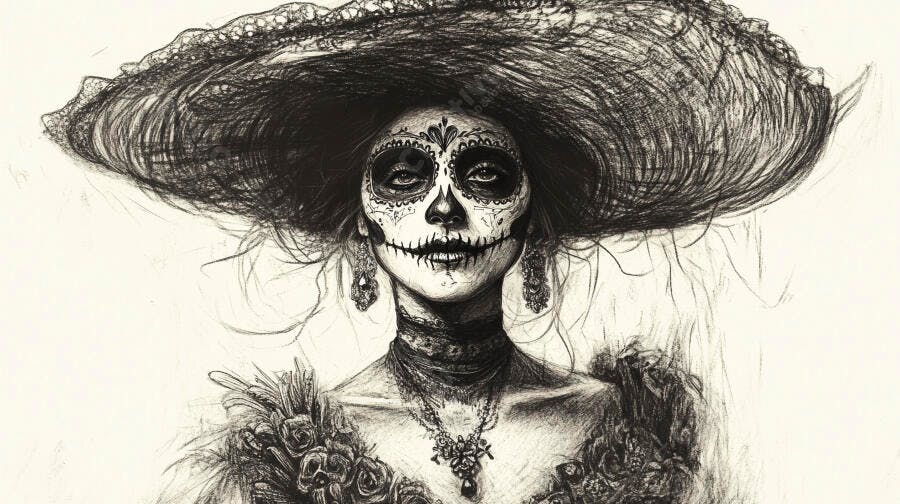 Mulher com maquiagem de caveira Dia dos Mortos