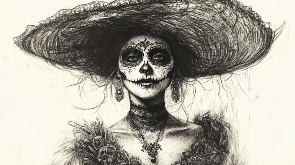 Retrato Artístico em Preto e Branco de Mulher com Maquiagem La Catrina e Chapéu Decorado com Rosas no Estilo Dia de Los Muertos