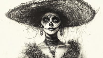 Retrato Artístico em Preto e Branco de Mulher com Maquiagem La Catrina e Chapéu Decorado com Rosas no Estilo Dia de Los Muertos