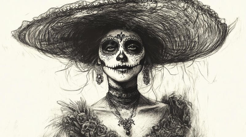 Retrato Artístico em Preto e Branco de Mulher com Maquiagem La Catrina e Chapéu Decorado com Rosas no Estilo Dia de Los Muertos