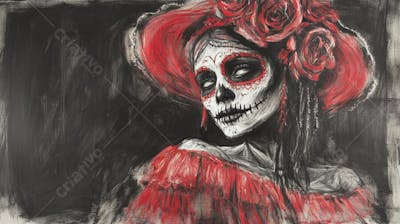 Retrato Artístico em Preto e Branco de Mulher com Maquiagem La Catrina e Chapéu Decorado com Rosas no Estilo Dia de Los Muertos