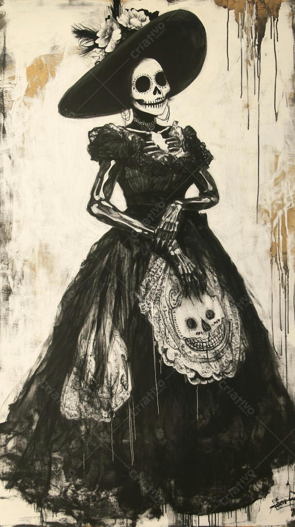 Retrato Artístico em Preto e Branco de Mulher com Maquiagem La Catrina e Chapéu Decorado com Rosas no Estilo Dia de Los Muertos