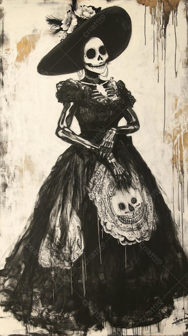 Retrato Artístico em Preto e Branco de Mulher com Maquiagem La Catrina e Chapéu Decorado com Rosas no Estilo Dia de Los Muertos