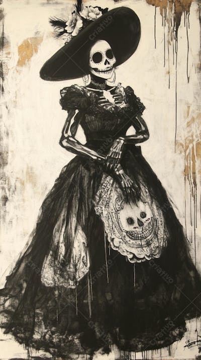 Retrato Artístico em Preto e Branco de Mulher com Maquiagem La Catrina e Chapéu Decorado com Rosas no Estilo Dia de Los Muertos