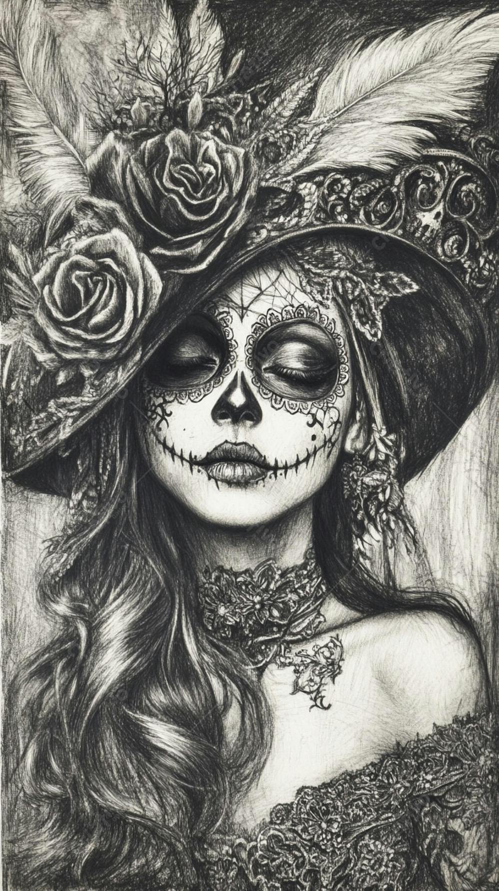 Retrato Artístico em Preto e Branco de Mulher com Maquiagem La Catrina e Chapéu Decorado com Rosas no Estilo Dia de Los Muertos