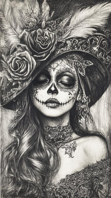 Retrato Artístico em Preto e Branco de Mulher com Maquiagem La Catrina e Chapéu Decorado com Rosas no Estilo Dia de Los Muertos