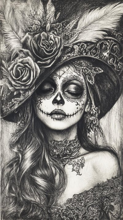 Retrato Artístico em Preto e Branco de Mulher com Maquiagem La Catrina e Chapéu Decorado com Rosas no Estilo Dia de Los Muertos