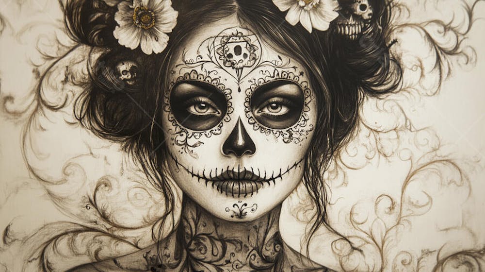 Retrato Artístico em Preto e Branco de Mulher com Maquiagem La Catrina e Chapéu Decorado com Rosas no Estilo Dia de Los Muertos