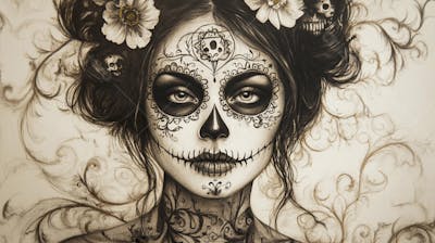 Retrato Artístico em Preto e Branco de Mulher com Maquiagem La Catrina e Chapéu Decorado com Rosas no Estilo Dia de Los Muertos