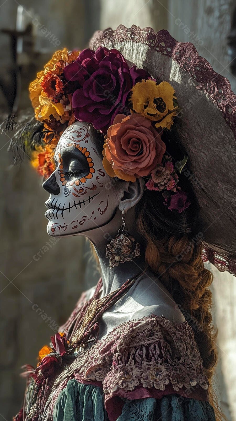 Mulher com maquiagem de Catrina usando flores