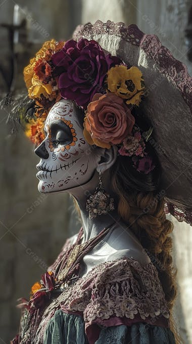 Retrato Artístico em Preto e Branco de Mulher com Maquiagem La Catrina e Chapéu Decorado com Rosas no Estilo Dia de Los Muertos
