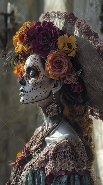 Retrato Artístico em Preto e Branco de Mulher com Maquiagem La Catrina e Chapéu Decorado com Rosas no Estilo Dia de Los Muertos