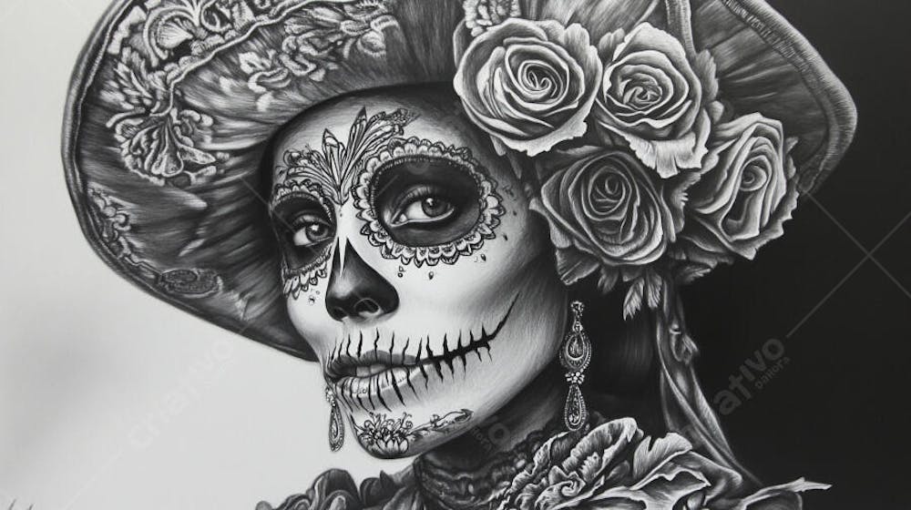 Retrato Artístico em Preto e Branco de Mulher com Maquiagem La Catrina e Chapéu Decorado com Rosas no Estilo Dia de Los Muertos