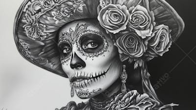 Retrato Artístico em Preto e Branco de Mulher com Maquiagem La Catrina e Chapéu Decorado com Rosas no Estilo Dia de Los Muertos