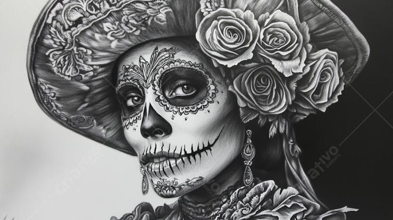 Retrato Artístico em Preto e Branco de Mulher com Maquiagem La Catrina e Chapéu Decorado com Rosas no Estilo Dia de Los Muertos