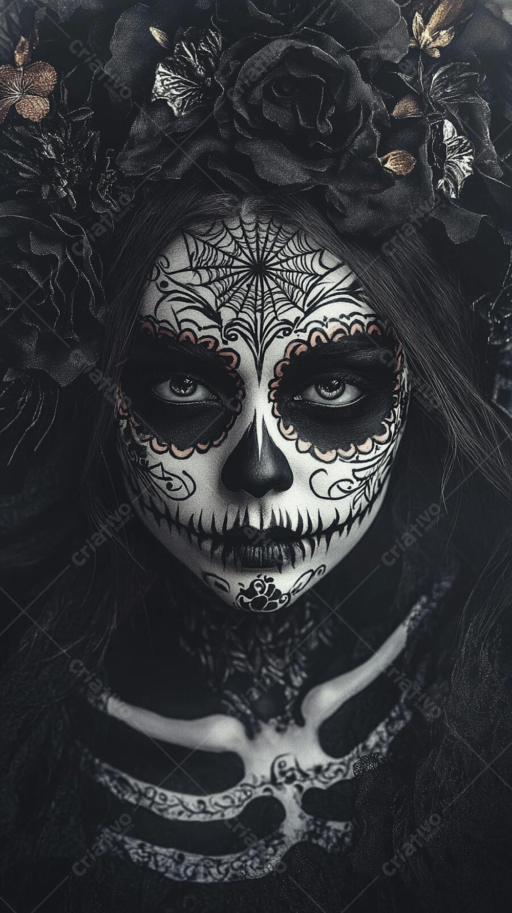 Retrato Artístico em Preto e Branco de Mulher com Maquiagem La Catrina e Chapéu Decorado com Rosas no Estilo Dia de Los Muertos