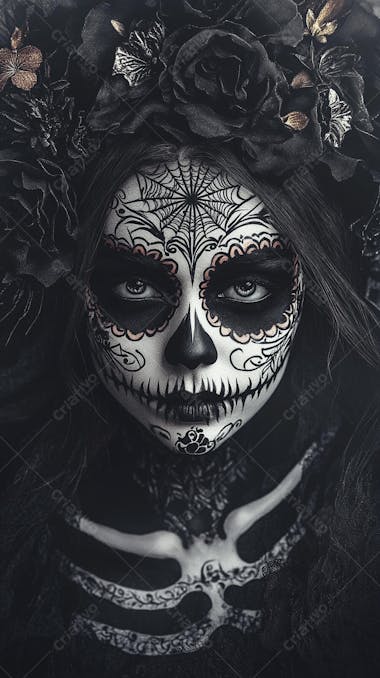 Retrato Artístico em Preto e Branco de Mulher com Maquiagem La Catrina e Chapéu Decorado com Rosas no Estilo Dia de Los Muertos
