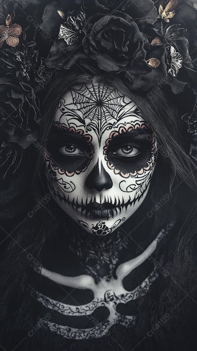 Retrato Artístico em Preto e Branco de Mulher com Maquiagem La Catrina e Chapéu Decorado com Rosas no Estilo Dia de Los Muertos