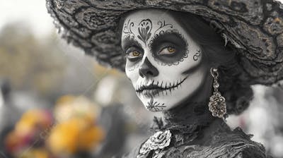 Retrato Artístico em Preto e Branco de Mulher com Maquiagem La Catrina e Chapéu Decorado com Rosas no Estilo Dia de Los Muertos
