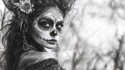 Retrato Artístico em Preto e Branco de Mulher com Maquiagem La Catrina e Chapéu Decorado com Rosas no Estilo Dia de Los Muertos