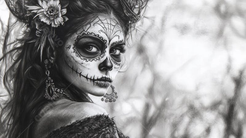 Retrato Artístico em Preto e Branco de Mulher com Maquiagem La Catrina e Chapéu Decorado com Rosas no Estilo Dia de Los Muertos