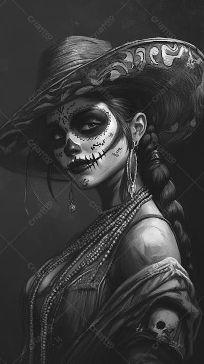 Retrato Artístico em Preto e Branco de Mulher com Maquiagem La Catrina e Chapéu Decorado com Rosas no Estilo Dia de Los Muertos