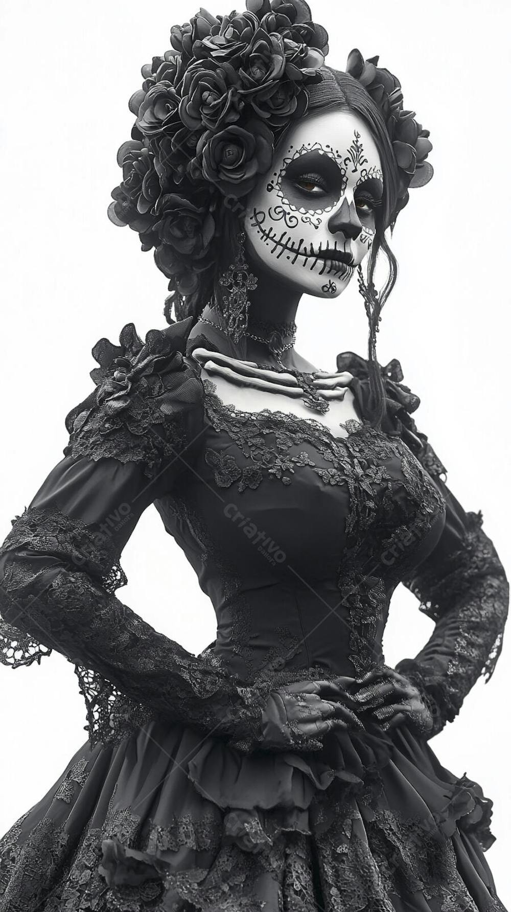 Retrato Artístico em Preto e Branco de Mulher com Maquiagem La Catrina e Chapéu Decorado com Rosas no Estilo Dia de Los Muertos