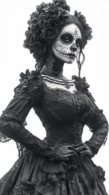 Retrato Artístico em Preto e Branco de Mulher com Maquiagem La Catrina e Chapéu Decorado com Rosas no Estilo Dia de Los Muertos