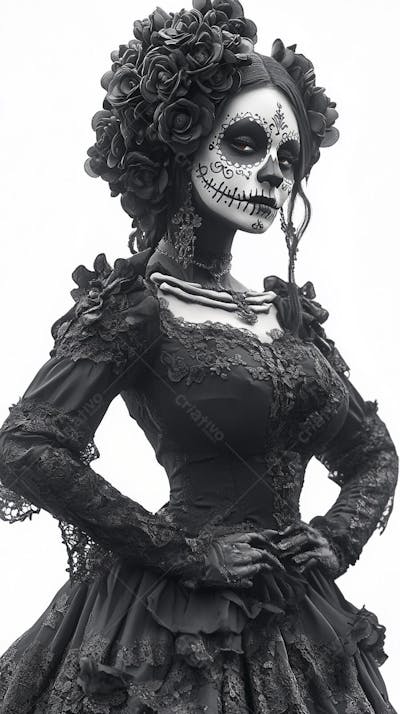 Retrato Artístico em Preto e Branco de Mulher com Maquiagem La Catrina e Chapéu Decorado com Rosas no Estilo Dia de Los Muertos