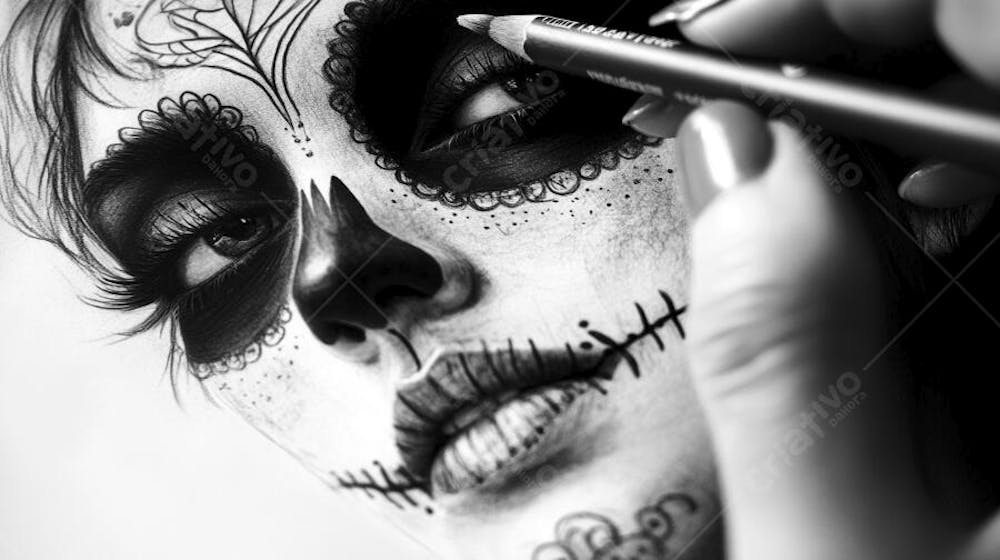 Retrato Artístico em Preto e Branco de Mulher com Maquiagem La Catrina e Chapéu Decorado com Rosas no Estilo Dia de Los Muertos