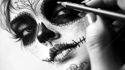 Retrato Artístico em Preto e Branco de Mulher com Maquiagem La Catrina e Chapéu Decorado com Rosas no Estilo Dia de Los Muertos