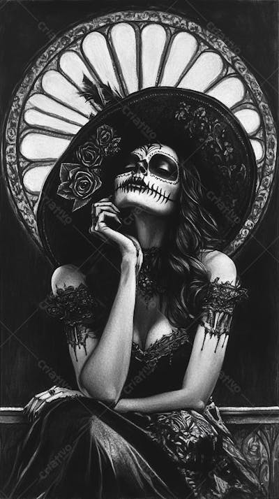 Retrato Artístico em Preto e Branco de Mulher com Maquiagem La Catrina e Chapéu Decorado com Rosas no Estilo Dia de Los Muertos