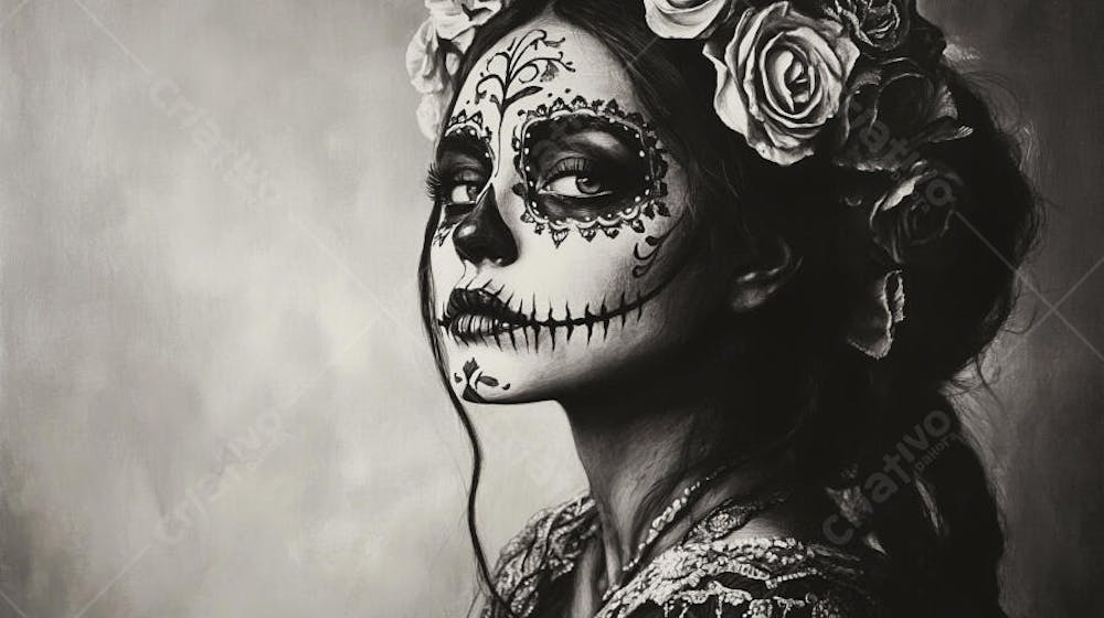 Retrato Artístico em Preto e Branco de Mulher com Maquiagem La Catrina e Chapéu Decorado com Rosas no Estilo Dia de Los Muertos