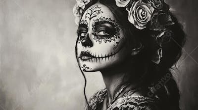 Retrato Artístico em Preto e Branco de Mulher com Maquiagem La Catrina e Chapéu Decorado com Rosas no Estilo Dia de Los Muertos