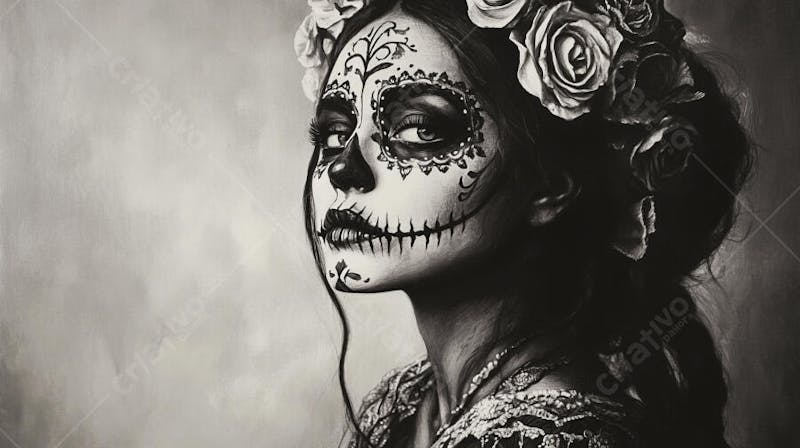 Retrato Artístico em Preto e Branco de Mulher com Maquiagem La Catrina e Chapéu Decorado com Rosas no Estilo Dia de Los Muertos