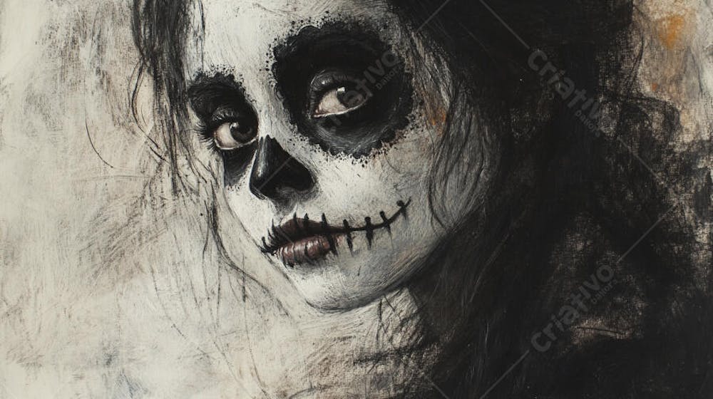 Retrato Artístico em Preto e Branco de Mulher com Maquiagem La Catrina e Chapéu Decorado com Rosas no Estilo Dia de Los Muertos