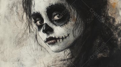 Retrato Artístico em Preto e Branco de Mulher com Maquiagem La Catrina e Chapéu Decorado com Rosas no Estilo Dia de Los Muertos