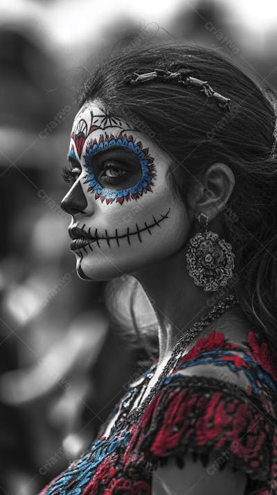 Retrato Artístico em Preto e Branco de Mulher com Maquiagem La Catrina e Chapéu Decorado com Rosas no Estilo Dia de Los Muertos