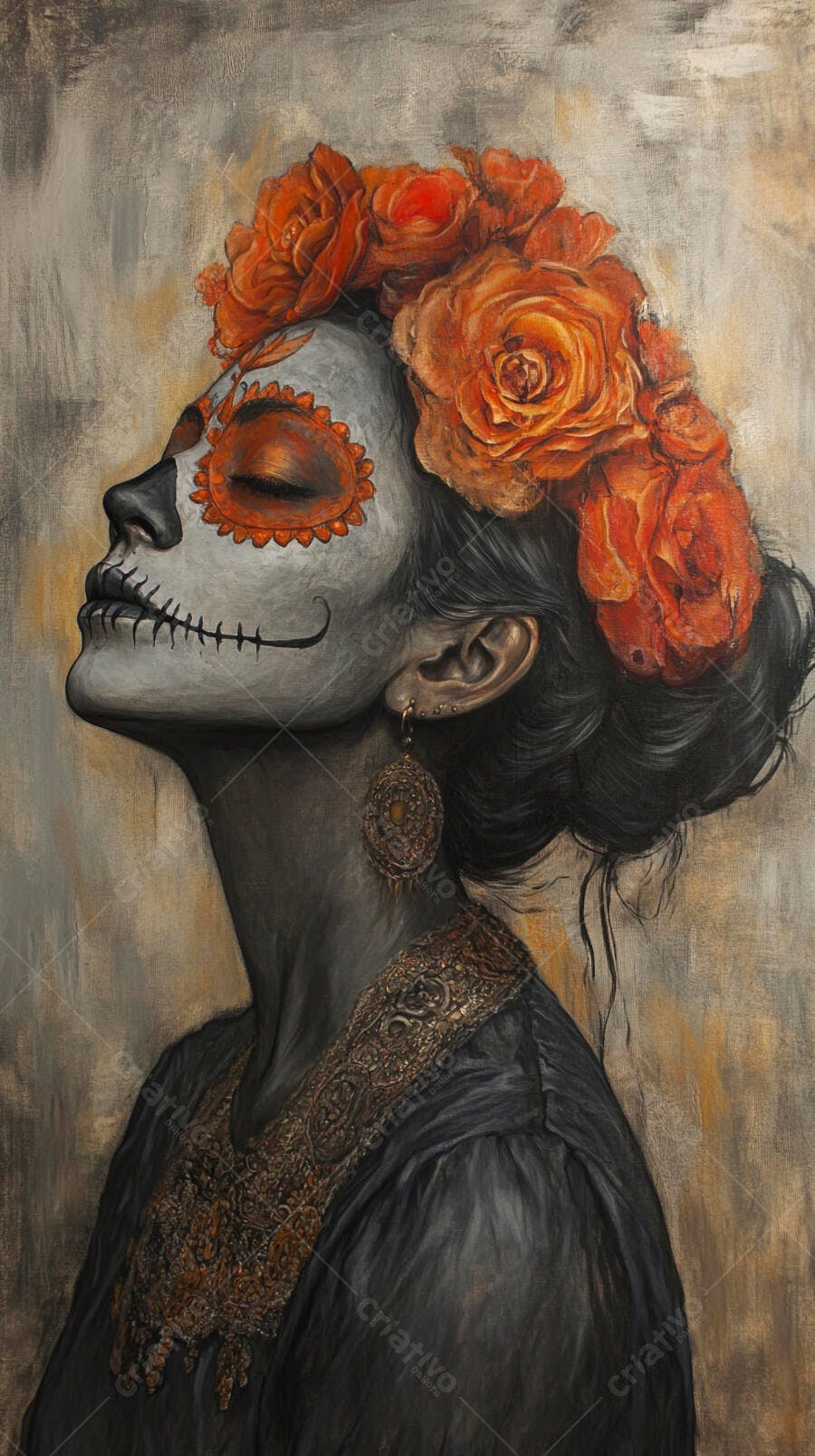 Mulher com maquiagem de caveira e flores laranjas