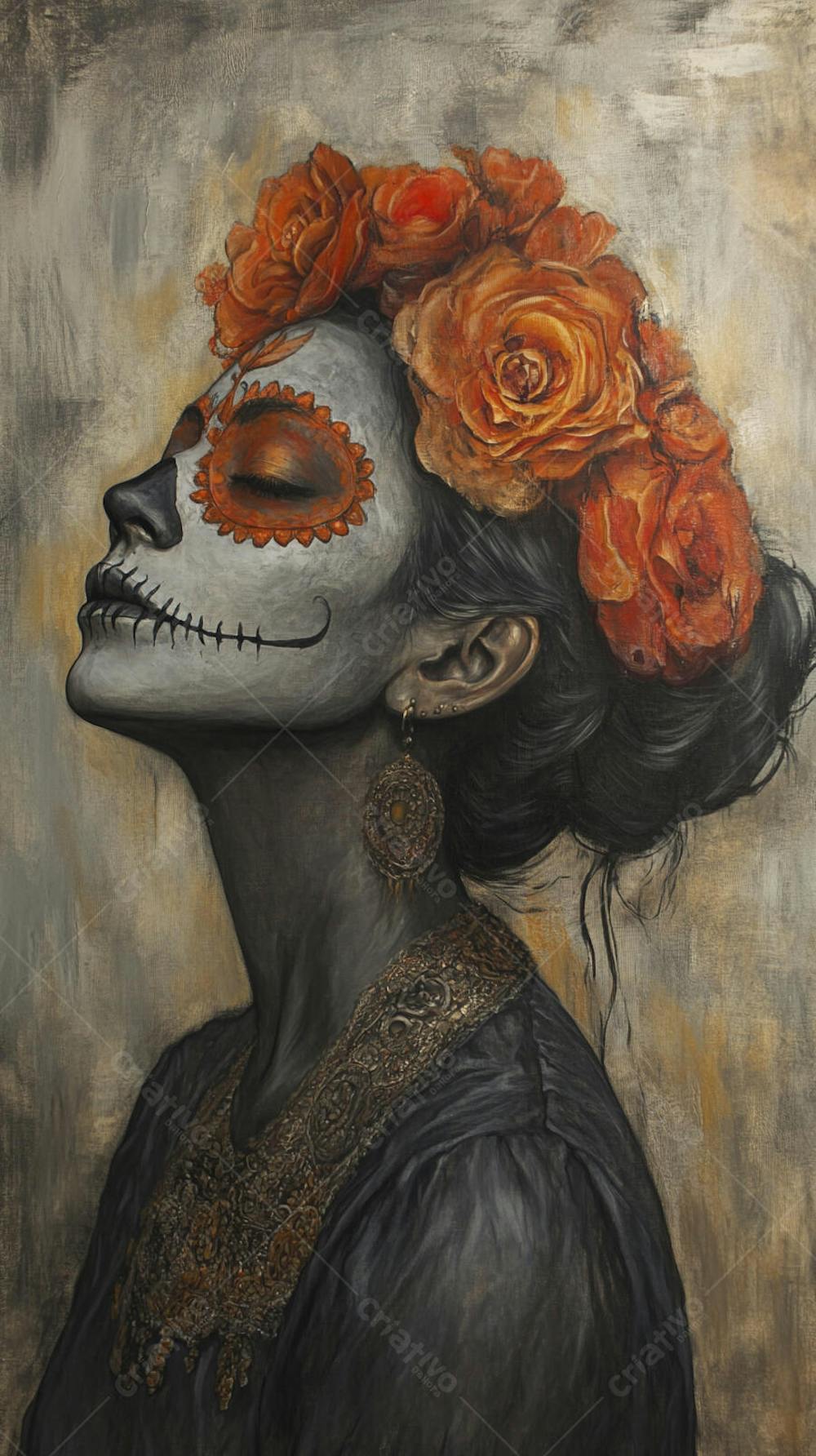 Retrato Artístico em Preto e Branco de Mulher com Maquiagem La Catrina e Chapéu Decorado com Rosas no Estilo Dia de Los Muertos