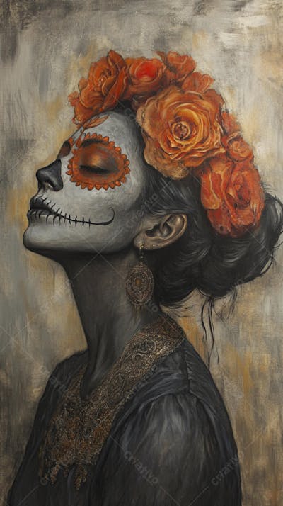 Retrato Artístico em Preto e Branco de Mulher com Maquiagem La Catrina e Chapéu Decorado com Rosas no Estilo Dia de Los Muertos