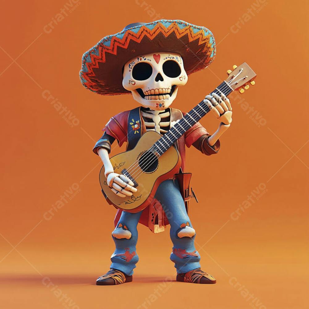 Ilustração 3D de Esqueleto Mexicano com Sombrero Tocando Violão em Fundo Vermelho para Celebração do Dia de Los Muertos