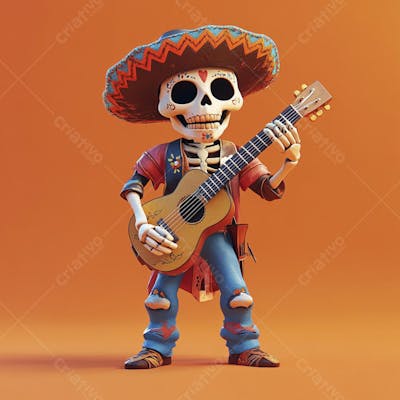 Ilustração 3D de Esqueleto Mexicano com Sombrero Tocando Violão em Fundo Vermelho para Celebração do Dia de Los Muertos