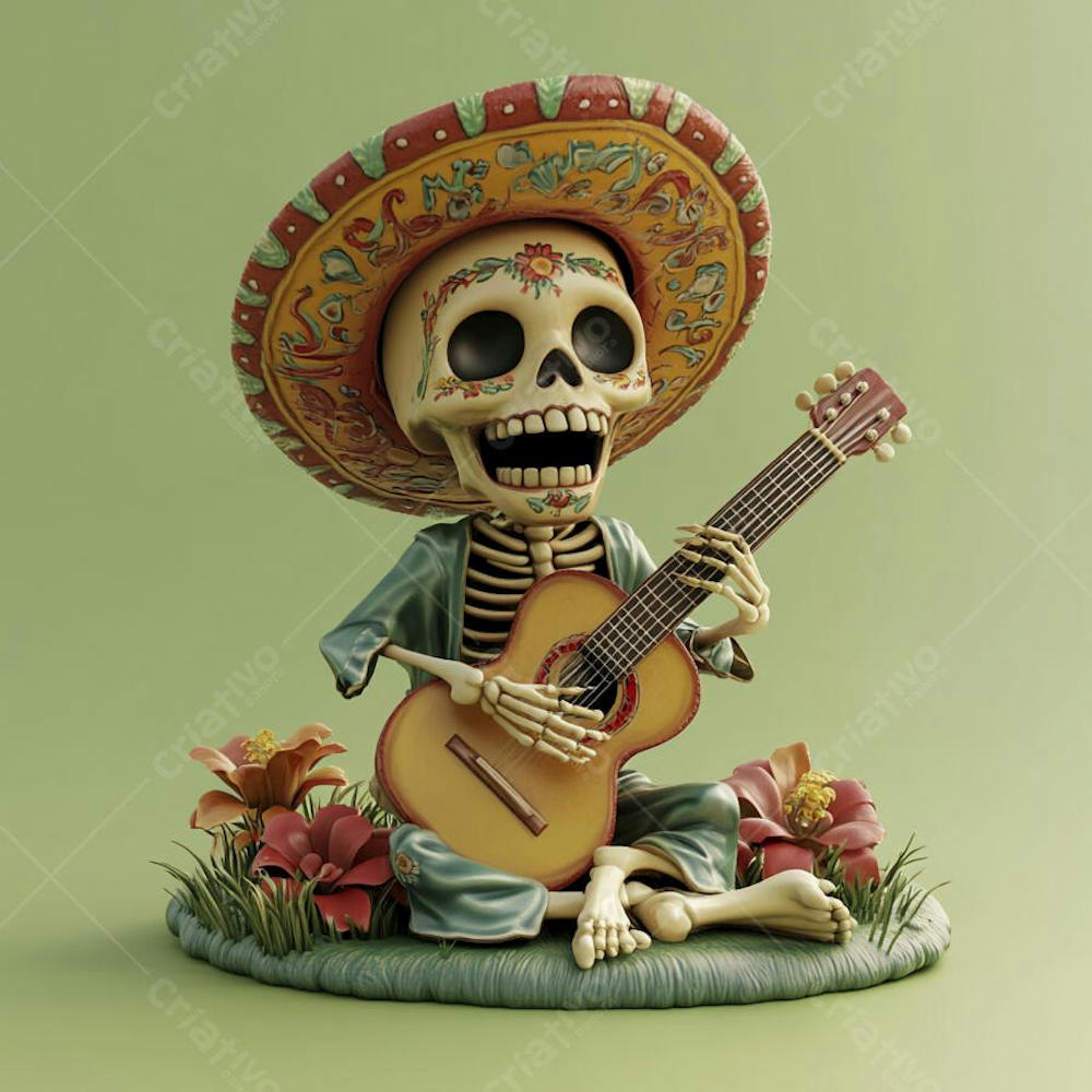 Ilustração 3D de Esqueleto Mexicano com Sombrero Tocando Violão em Fundo Vermelho para Celebração do Dia de Los Muertos