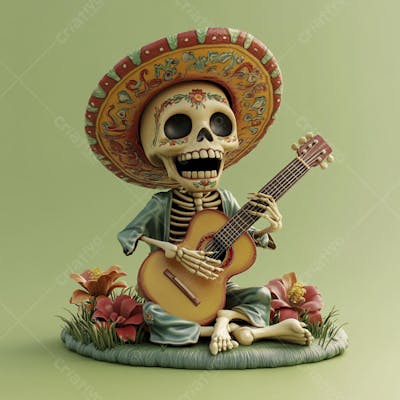 Ilustração 3D de Esqueleto Mexicano com Sombrero Tocando Violão em Fundo Vermelho para Celebração do Dia de Los Muertos