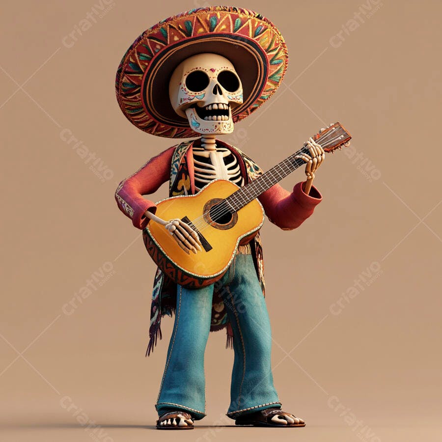 Esqueleto tocando violão Dia dos Mortos