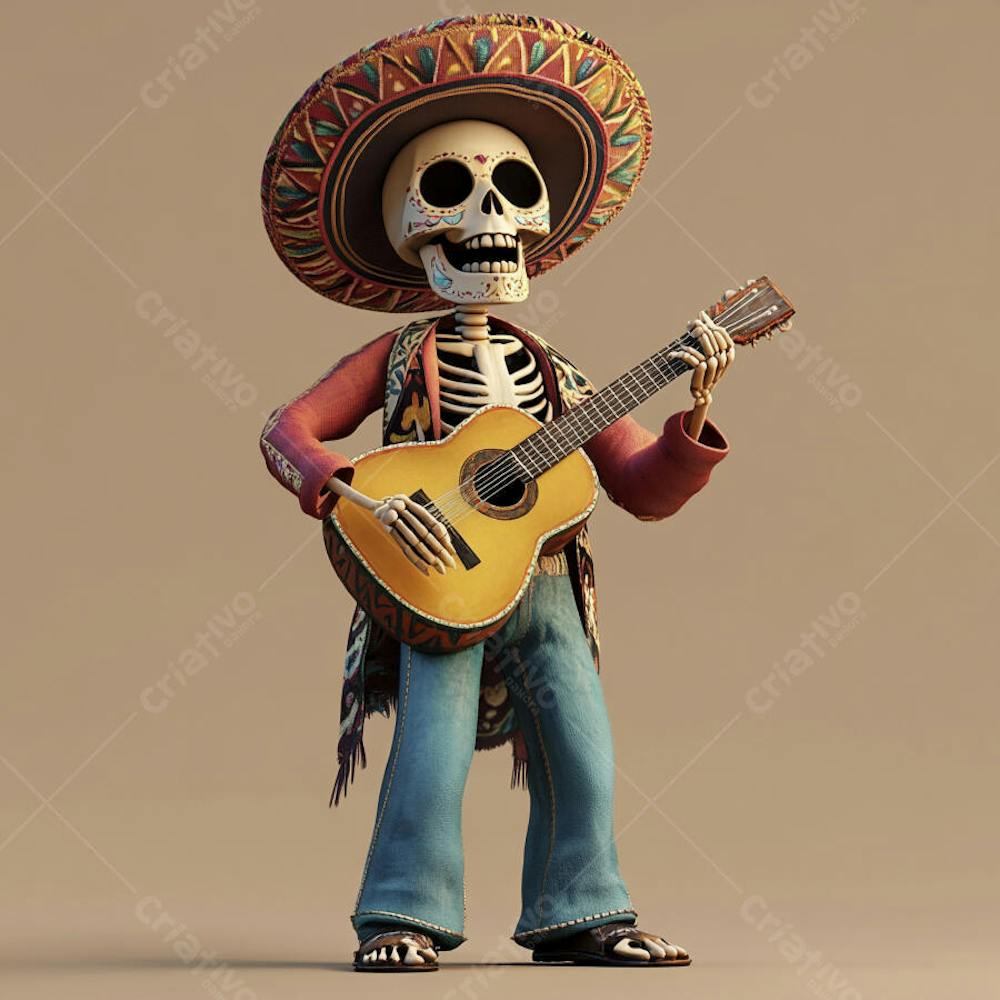 Ilustração 3D de Esqueleto Mexicano com Sombrero Tocando Violão em Fundo Vermelho para Celebração do Dia de Los Muertos