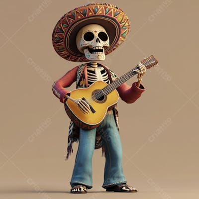 Ilustração 3D de Esqueleto Mexicano com Sombrero Tocando Violão em Fundo Vermelho para Celebração do Dia de Los Muertos