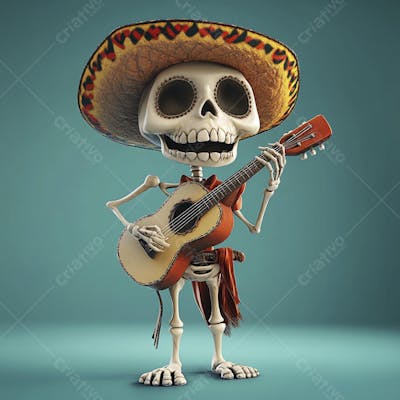 Ilustração 3D de Esqueleto Mexicano com Sombrero Tocando Violão em Fundo Vermelho para Celebração do Dia de Los Muertos